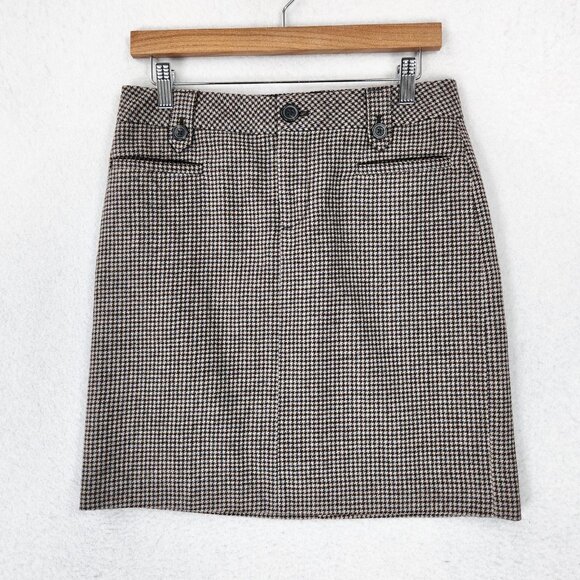 Eddie Bauer Skirt Womens 2 Brown Blue Houndstooth Wool Blend Pencil Career - Picture 1 of 10